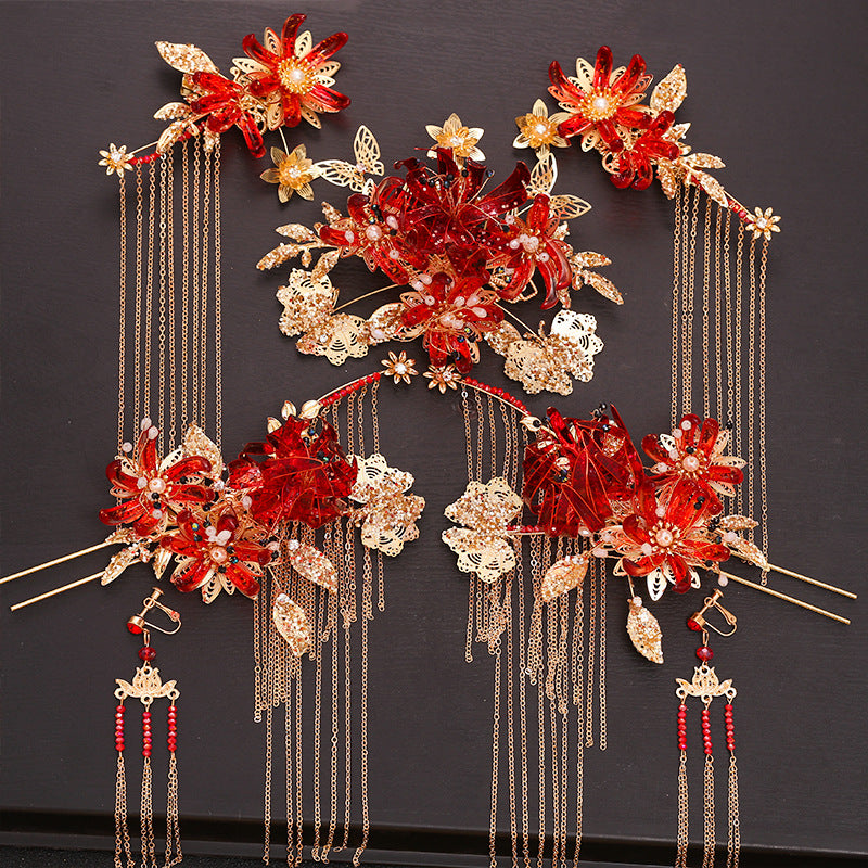 Chinese Red Bridal Flower Crown Headpiece