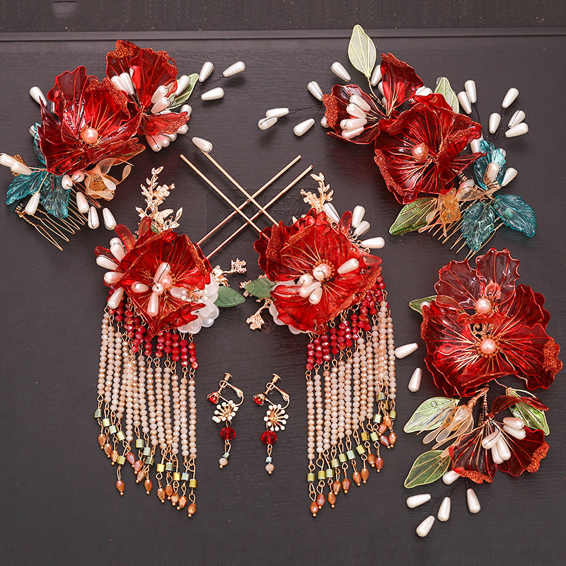 Chinese Red Bridal Flower Crown Headpiece