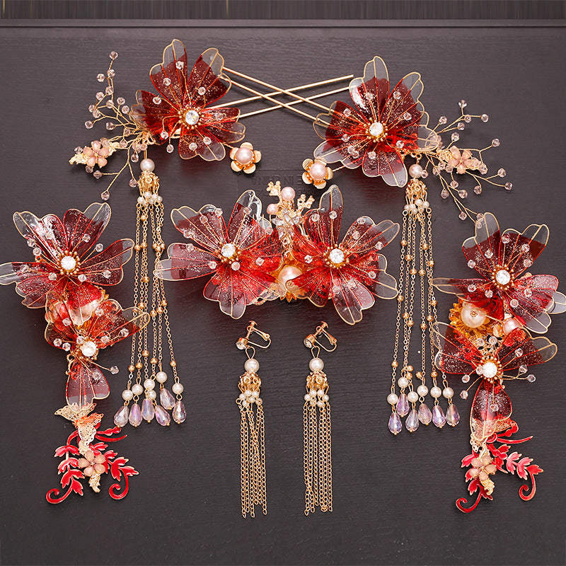 Chinese Red Bridal Flower Crown Headpiece