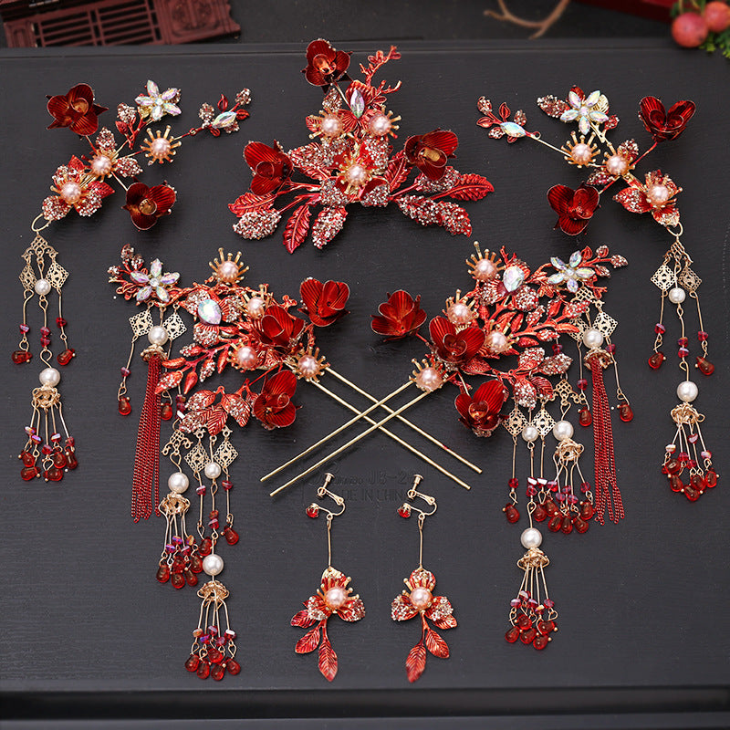 Chinese Red Bridal Flower Crown Headpiece