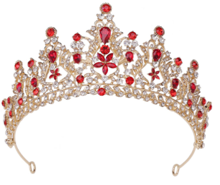 Royal Crown Headwear and Accessories featuring a stunning gold tiara adorned with red and clear rhinestones.