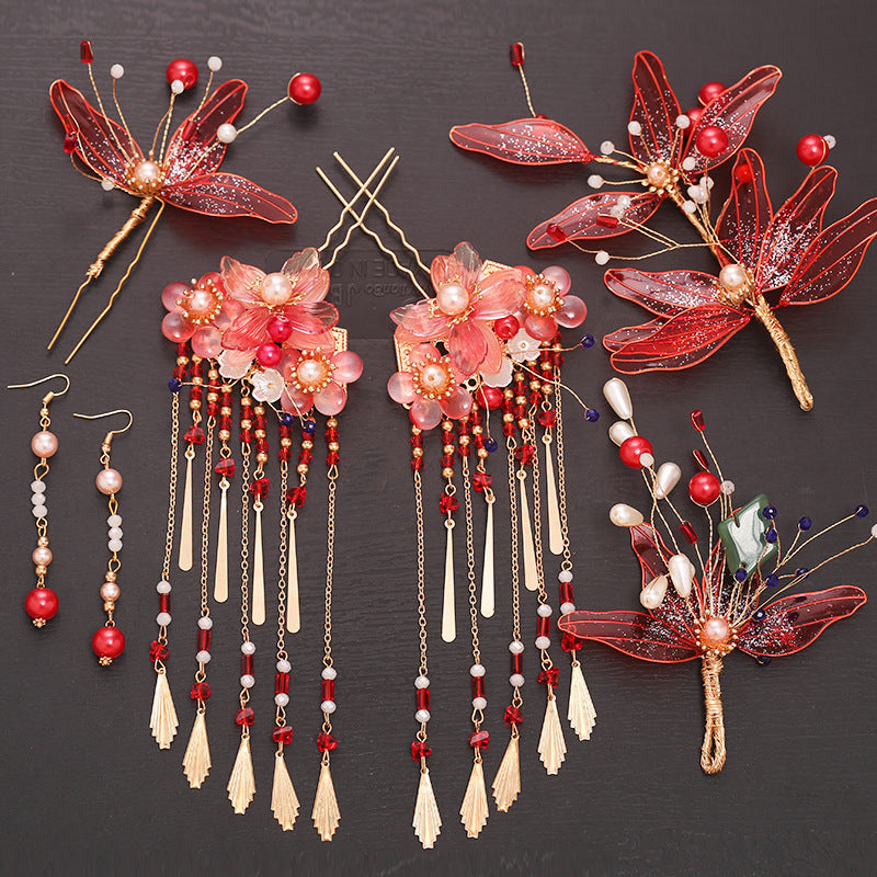 Chinese Red Bridal Flower Crown Headpiece