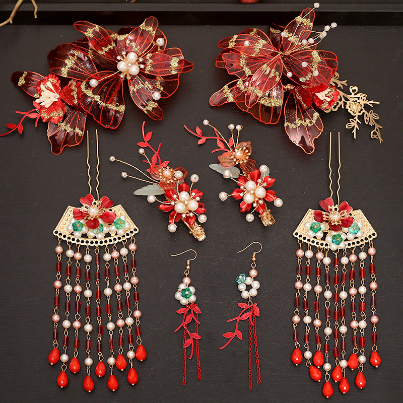 Chinese Red Bridal Flower Crown Headpiece