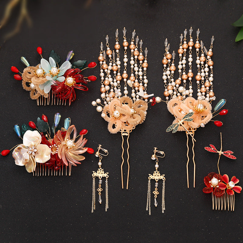Chinese Red Bridal Flower Crown Headpiece
