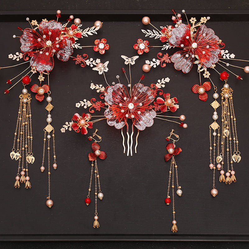 Chinese Red Bridal Flower Crown Headpiece