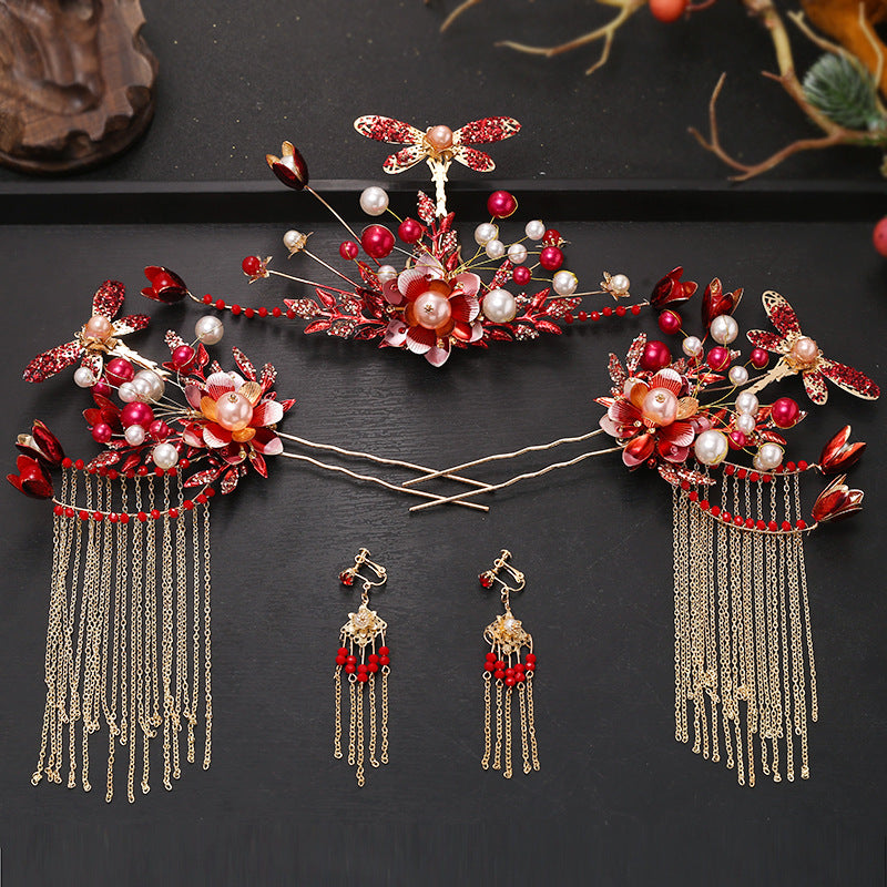 Chinese Red Bridal Flower Crown Headpiece