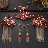 Chinese Red Bridal Flower Crown Headpiece