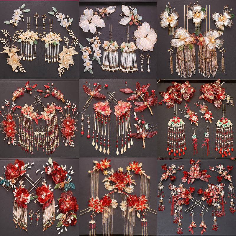 Chinese Red Bridal Flower Crown Headpiece