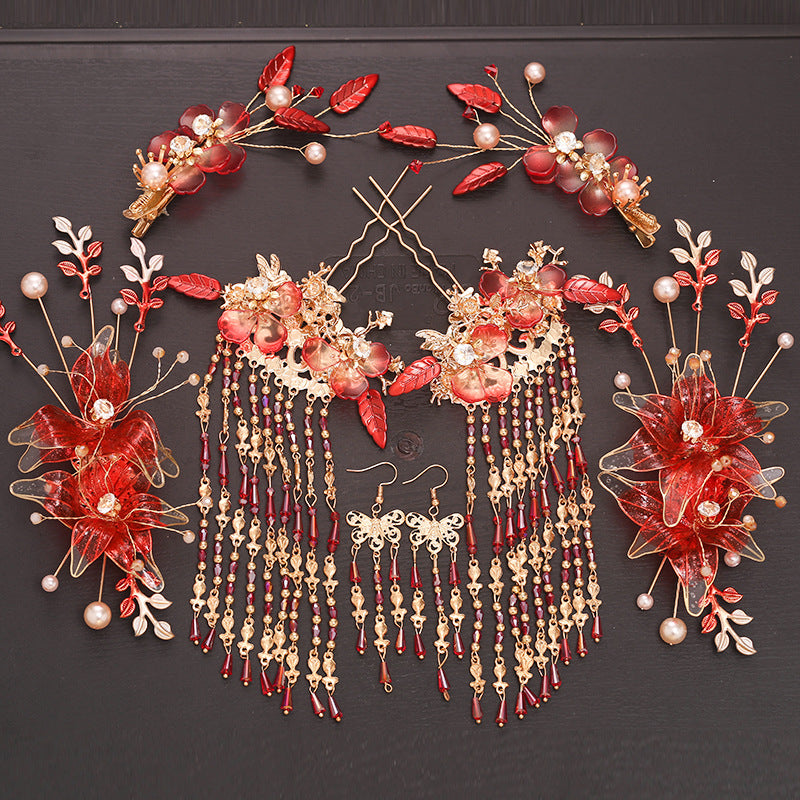 Chinese Red Bridal Flower Crown Headpiece