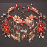 Chinese Red Bridal Flower Crown Headpiece